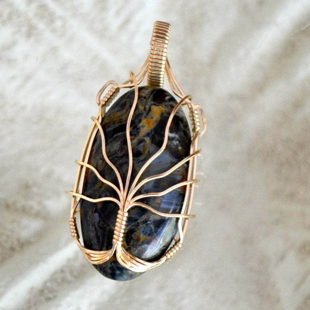 Tree of life pendant Blue pietersite stone Wire wrapped 14K gold filled "life"