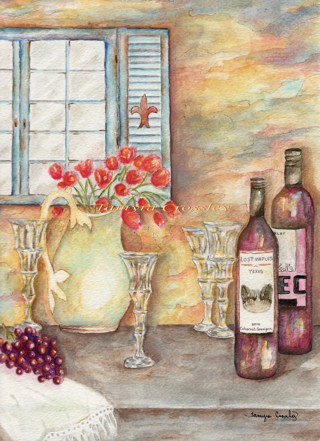Texas Wine Watercolor 8x10 Print by Tamyra Crossley.