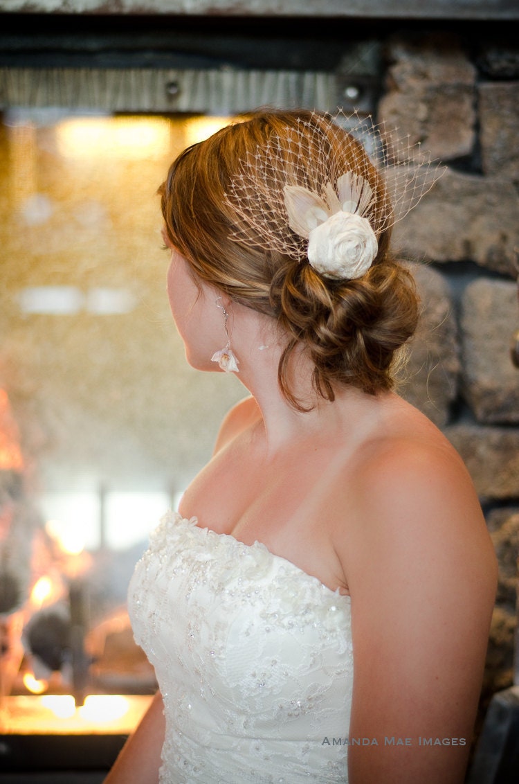 Rose- Bridal rosette, ivory peacock feathers, peach french netting hairpiece, wedding hair flower with shoe clips