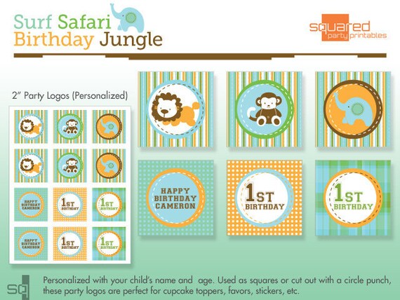 Surf Safari Birthday Jungle - Cupcake Toppers - Favor Tags - Birthday Party Logo Package - DIY Print Il_570xn