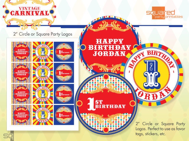 Vintage Carnival Circus Cupcake Toppers - Printable Birthday Party Circles & Logo Package - Primary Colors - DIY Print Il_570xn