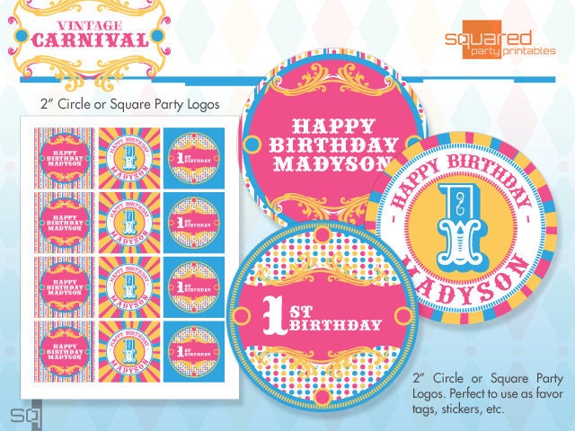 Vintage Carnival Circus Cupcake Toppers - Printable Birthday Party Circles & Logo Package - Pink, Aqua - DIY Print