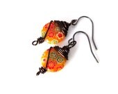 Flower Power - FREE SHIPPING Wire Wrapped Earrings Vintage Retro Flower Neon Orange Round Circle Petite Copper Dangle Unique Gift