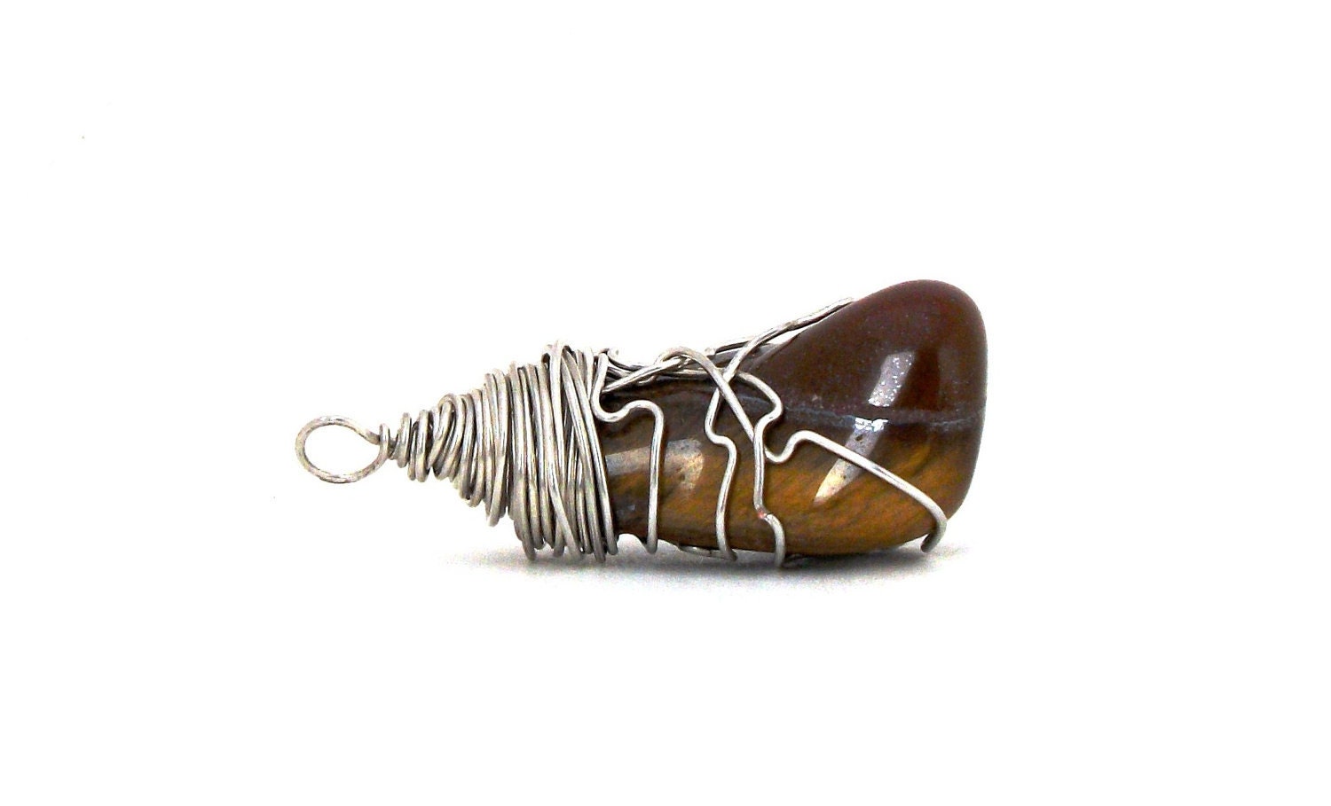 Focus the Mind - FREE SHIPPING Wire Wrapped Pendant Raw Tumbled Brown Gold Tiger Cat Eagle Eye Gemstone Mineral Rock Stone June July Summer