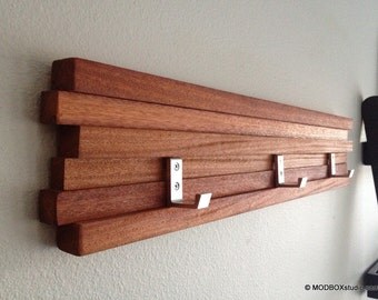 Wood Coat Rack 3 Hook Key Hat Minimalist Modern Wall Hanging  22" w/ 3 Hooks