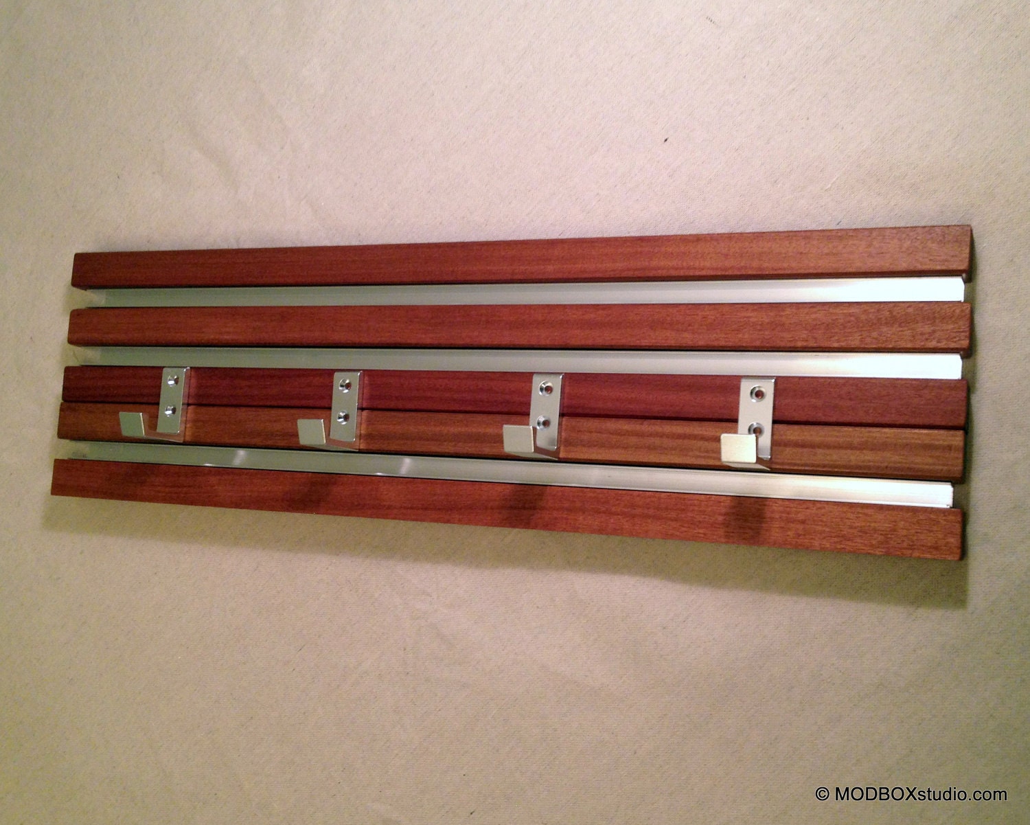 Wall Rack 4 Hook Wood & Metal Modern Key Hat 22" Wall Hanging Clear Finish