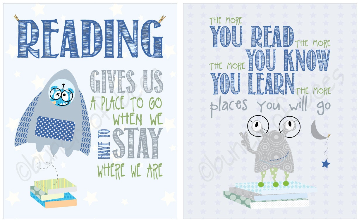 Read children's space theme - Series of TWO "reading" prints