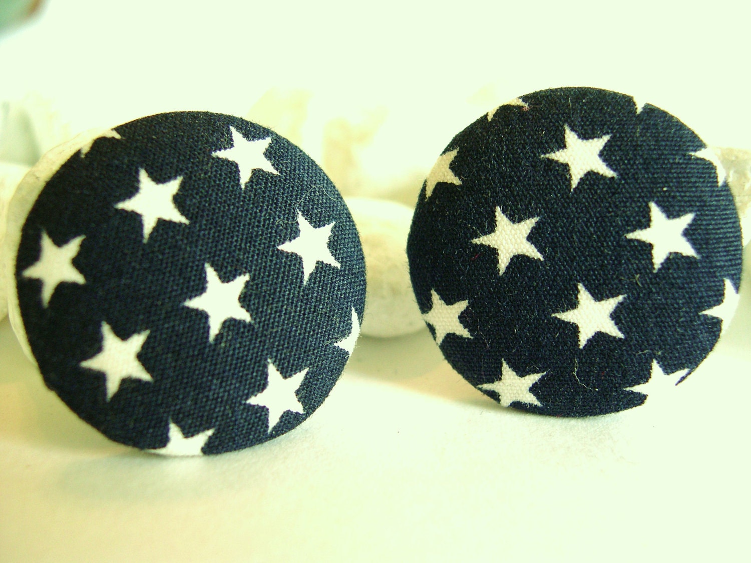 Vintage Fabric Button Earrings - Blue and White Stars - Pierced 80's (52)