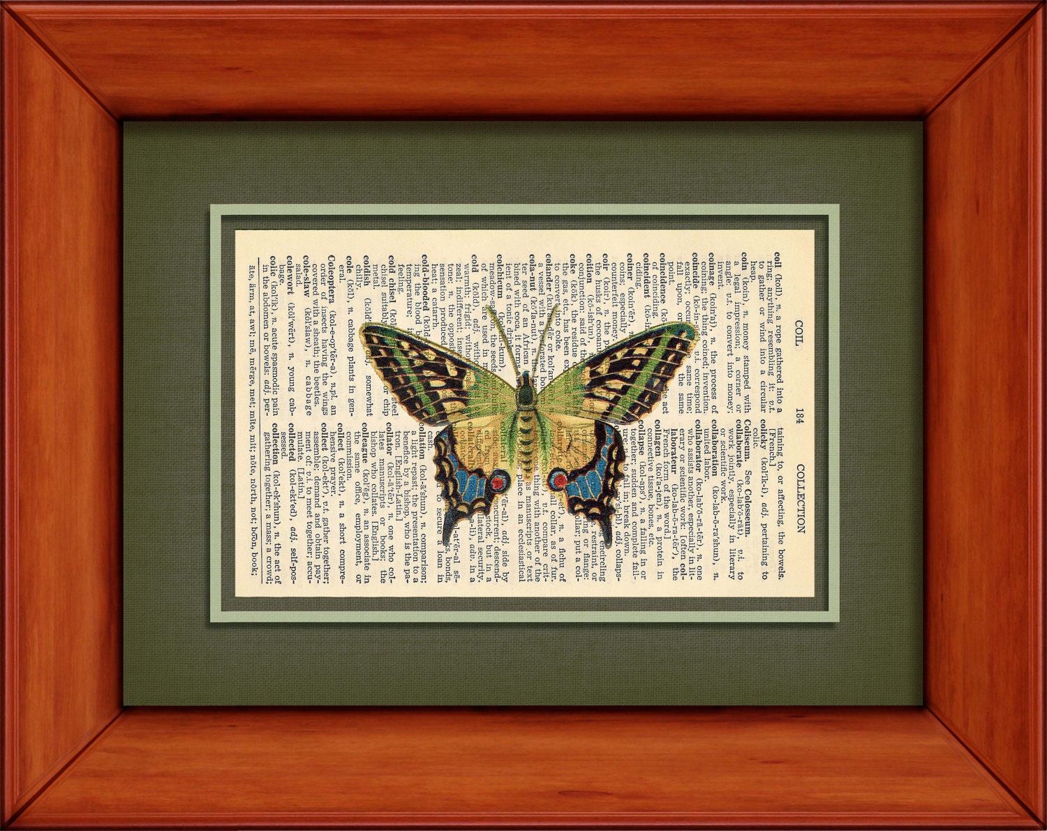 Dictionary Print - Green, Blue And Yellow Butterfly - 6 3/4" x 9 3/4" Vintage Dictionary Art Print