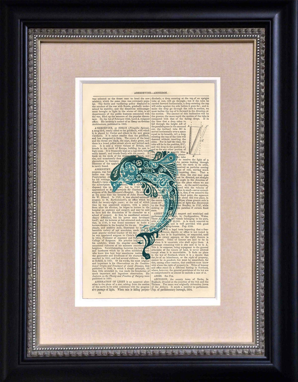 Art Print - Paisley Dolphin - 6 1/2" x 10" Encyclopedia Page - Art Print on Upcycled Encyclopedia Page