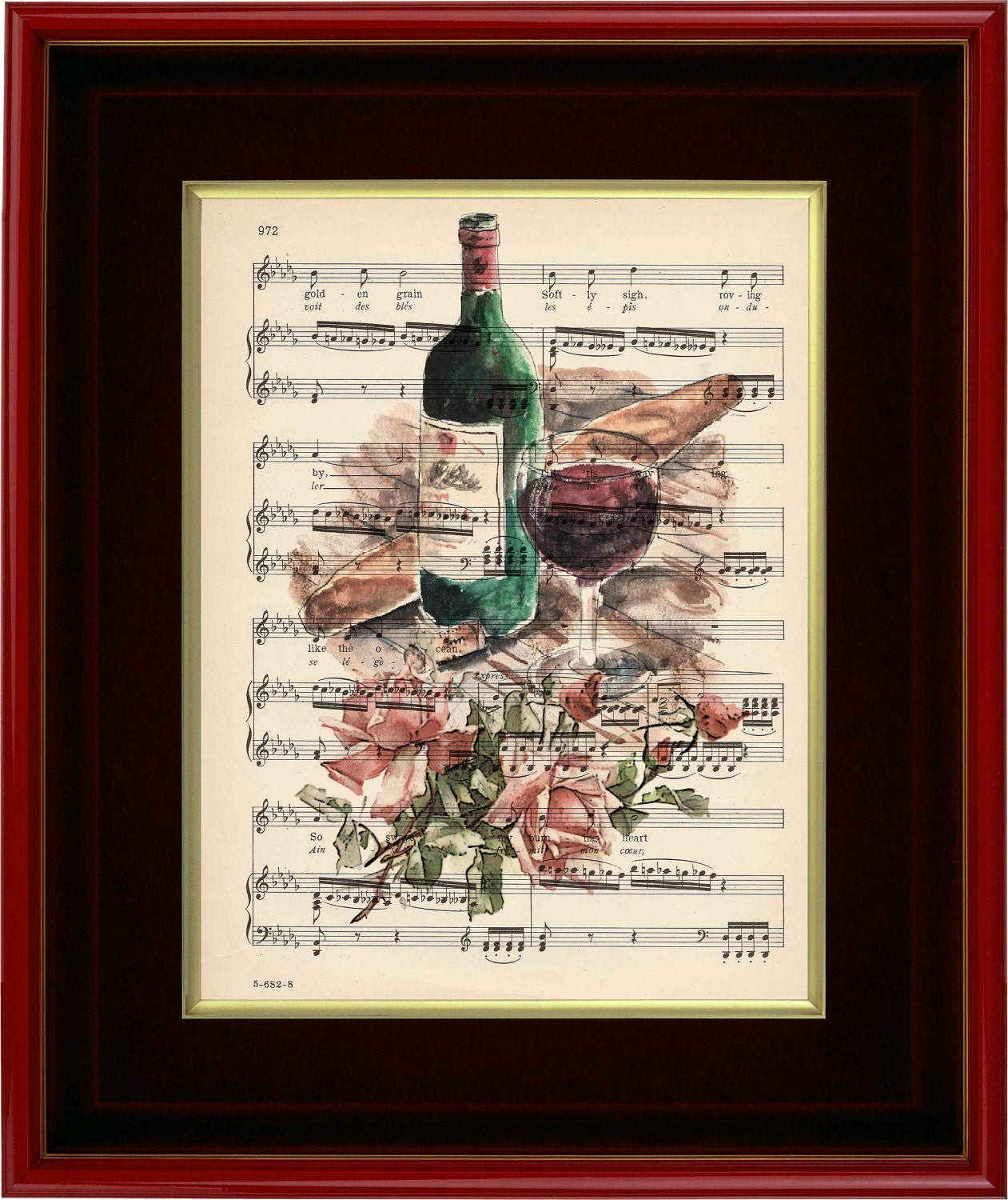 Art Print - Loaf Of Bread A Bottle Of Wine And Roses - 8 1/2" x 11" Music - Art Print on Upcycled Music Page