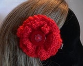 Hair Clip Hairclip Brooch  boutonniere Pin Red Crochet Flower with buttons centre M