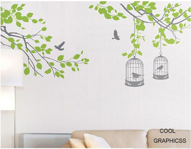 Branches with birds cage -vinyl wall decals trees wall sticker,girl baby nursery bedroom children wall decor,art home decor wall hanging