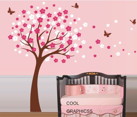 Cherry Tree Wall Decal Nursery  wall decals trees wall sticker kids baby bedroom children wall decor,brown white pink flowers butterfly