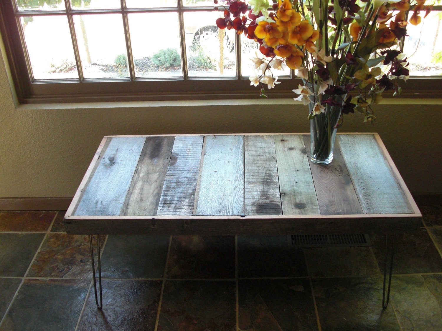 Vintage and Modern Coffee Table - Reclaimed Upcycle Rustic Wood with Vintage Eames Style Steel Hairpin Legs