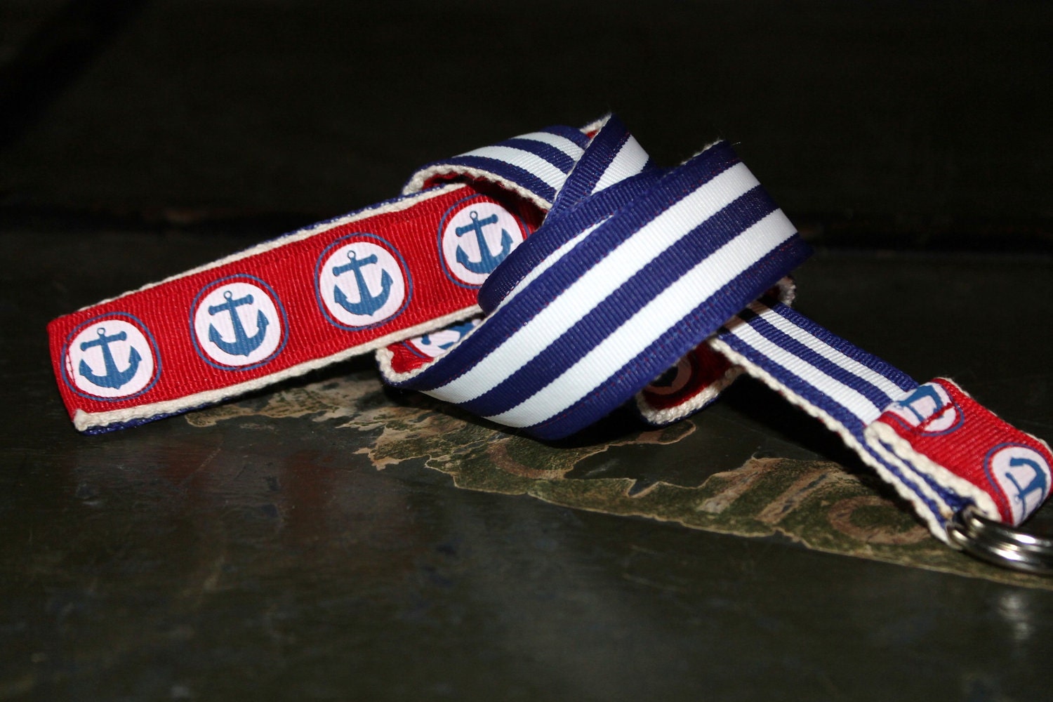 Nautical Ribbon Belt Navy Stripes Reversible to Red Anchors