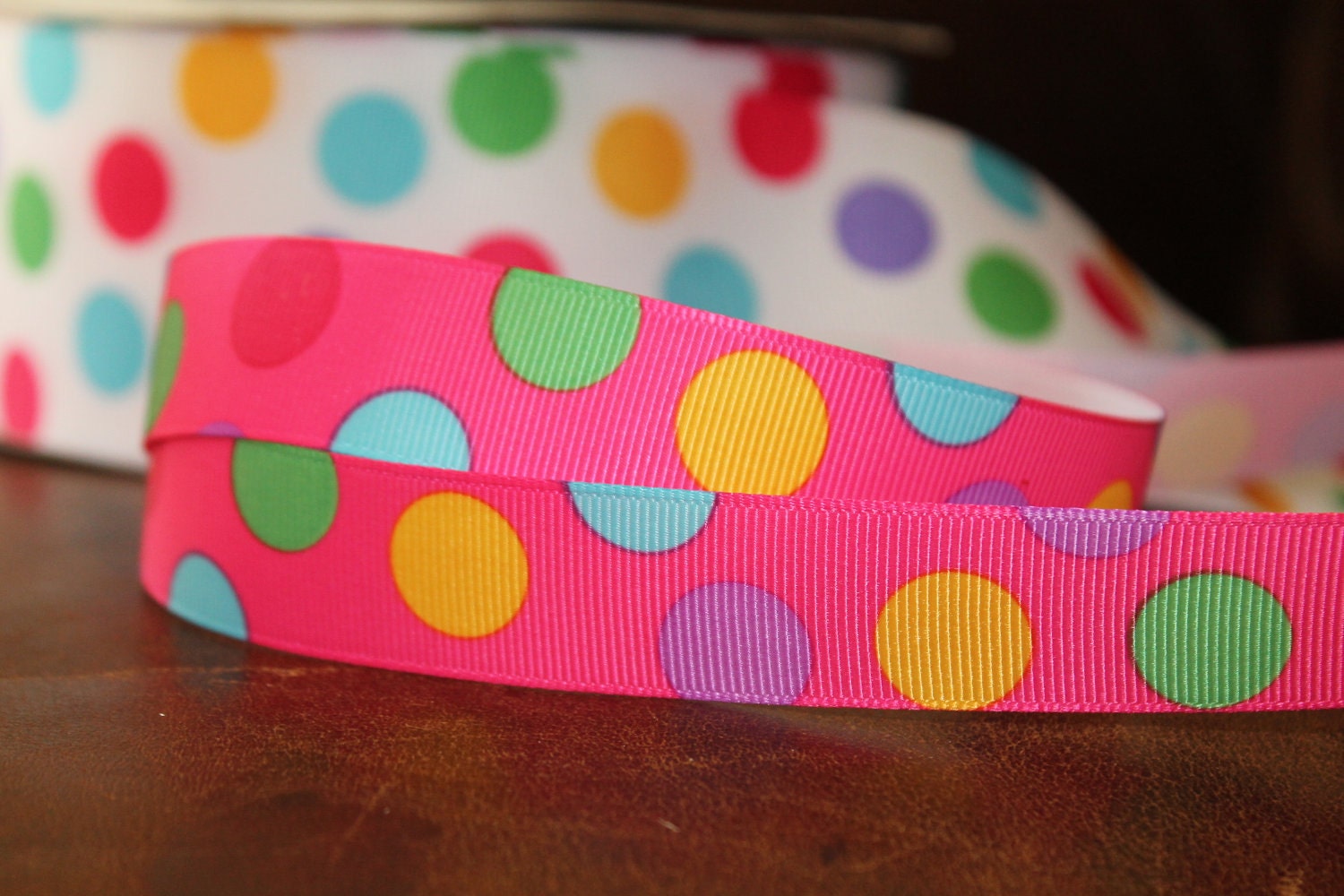 Multi Color Polka Dot Ribbon Green, Pink, Purple, Blue and Yellow on Hot Pink 5 yards