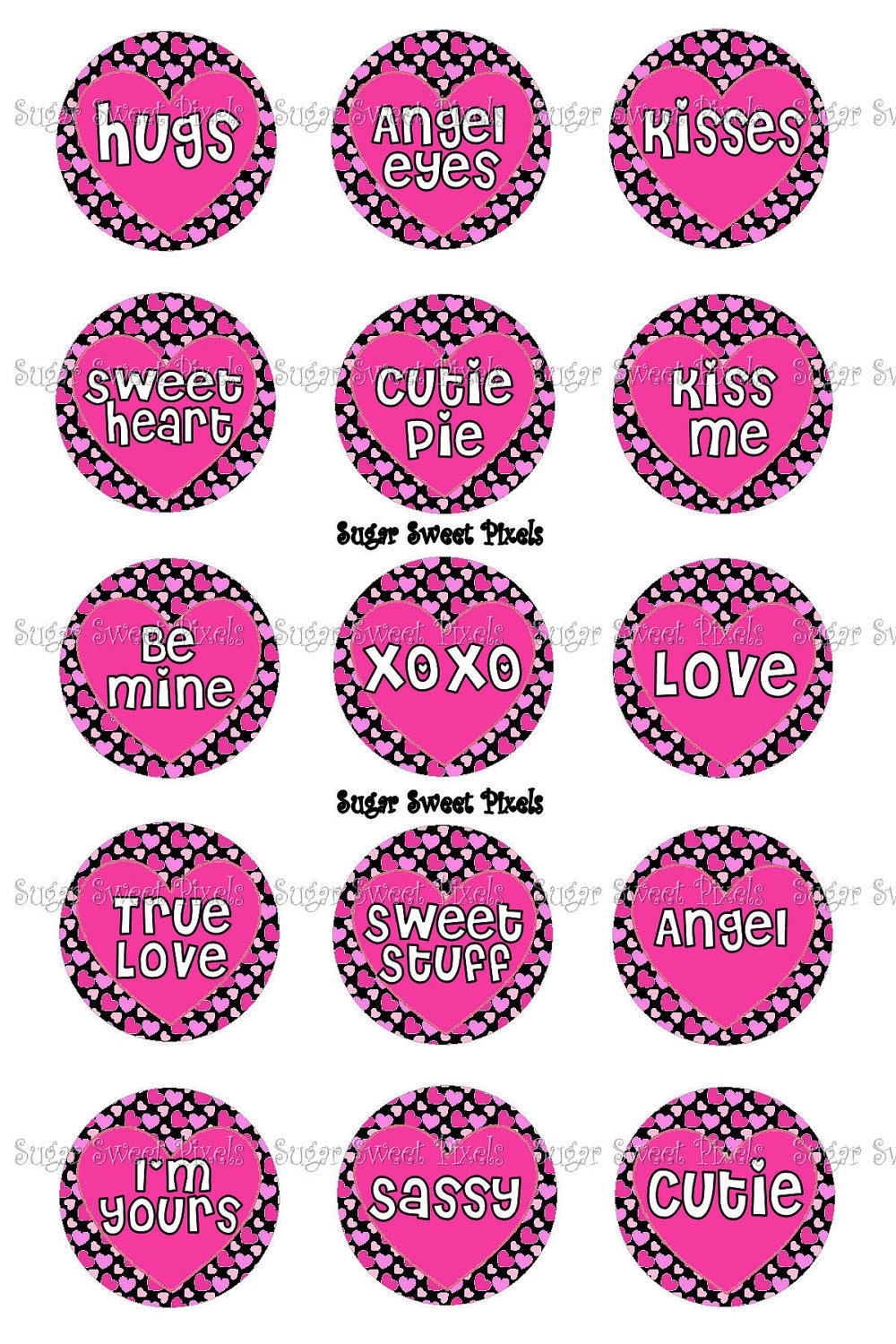 INSTANT DOWNLOAD Hot pink & black Valentine Sayings Hearts  1 inch Circle Bottlecap Images 4x6 sheet