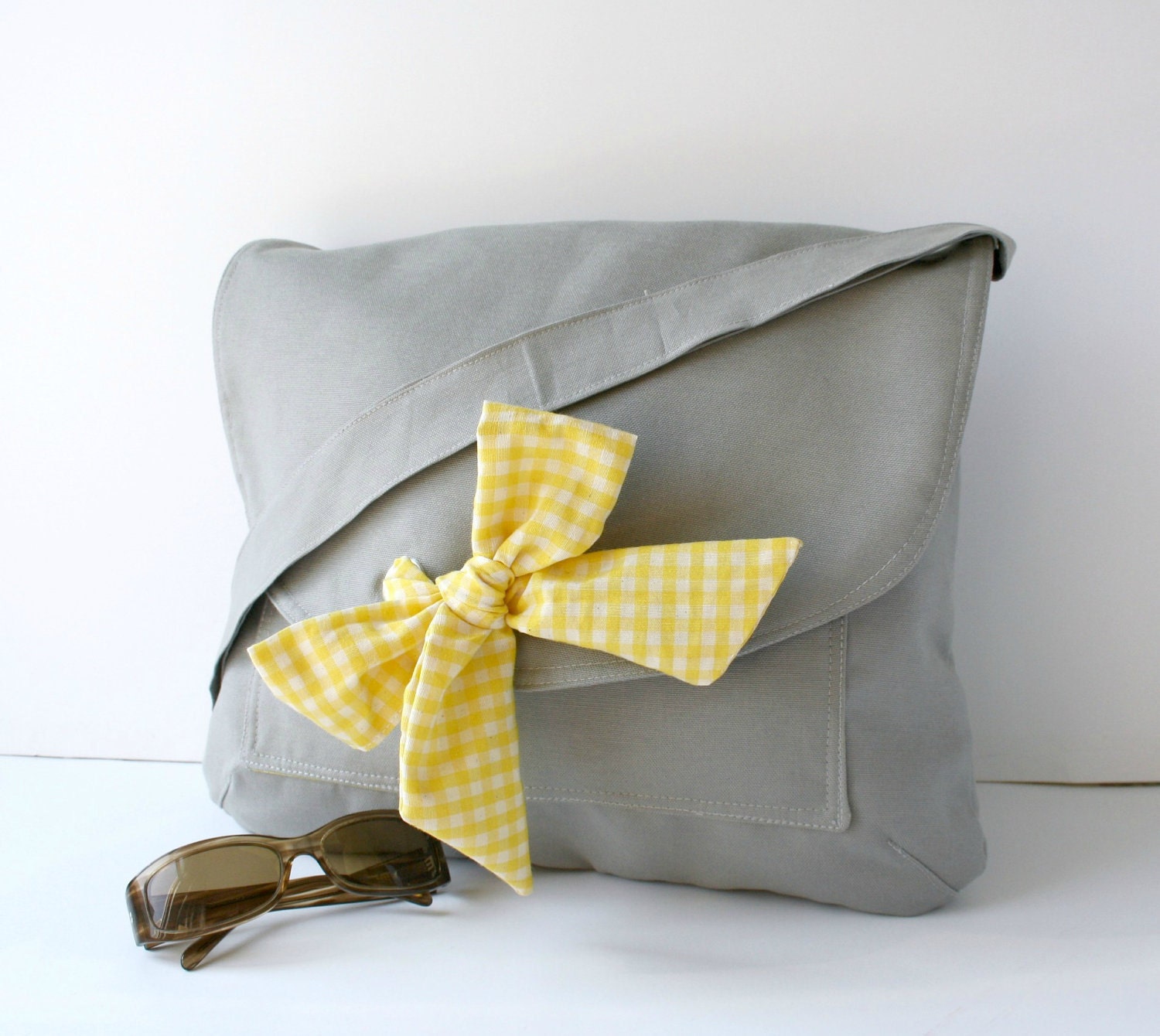Gray Messenger  Bag  Yellow and White Gingham  Bow Adjustable strap For Women For New Mom