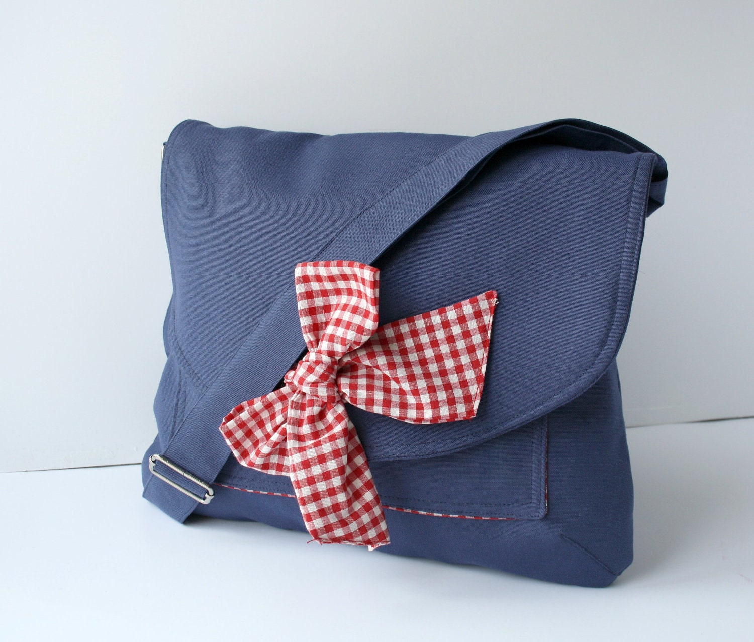 Navy Blue Cotton Fabric Messenger  Bag  Red and White Gingham Bow Adjustable strap