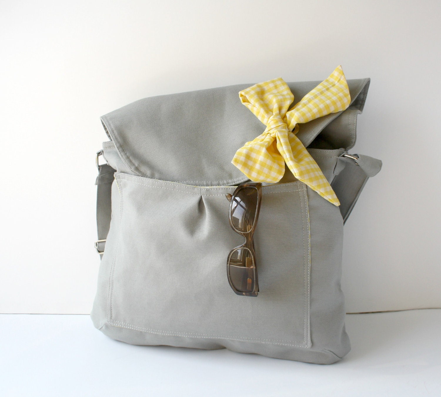 Gray Messenger  Bag  Yellow and White Gingham  Bow Adjustable strap For Women For New Mom