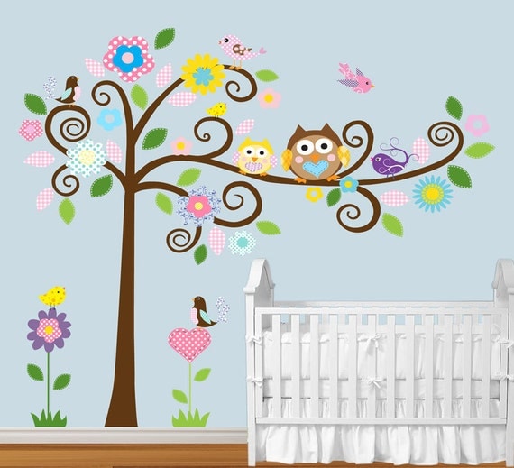 Spiral Branch Tree with Cute Owls Pattern Birds Vinyl Wall Art Decal Nursery