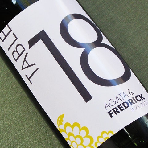 Wine Label Table Number with Stylized Flower Yellow and Gray