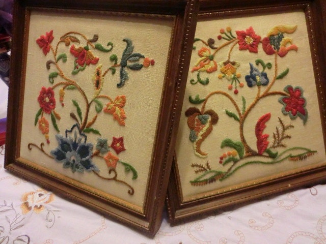 Vintage-(RESERVED)Two Square Crewel Framed Wall Hangings-Retro "Mad Men" decor