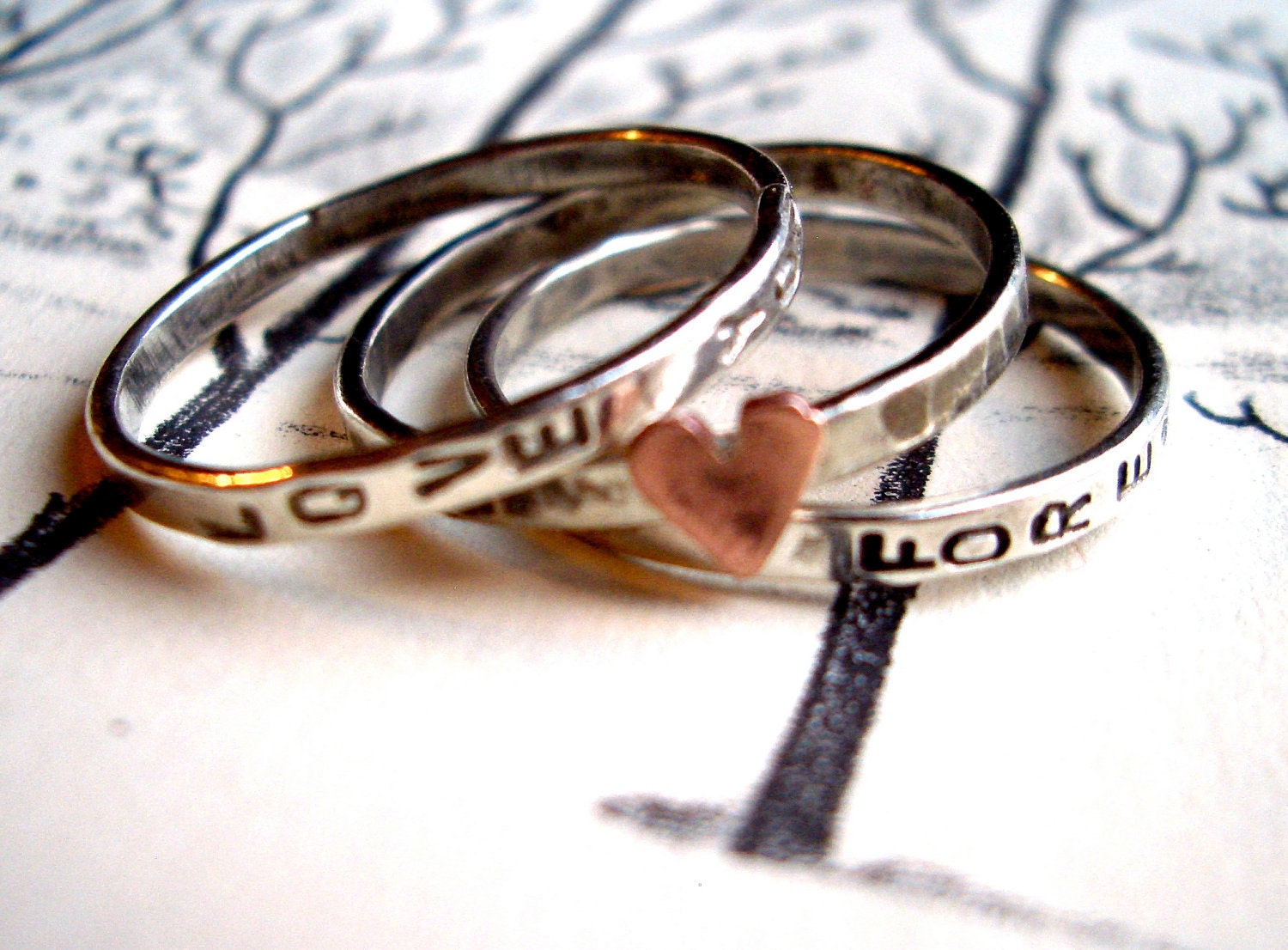 Love Is...Stacking Bands in Sterling Silver:  Hand Stamped Personalized