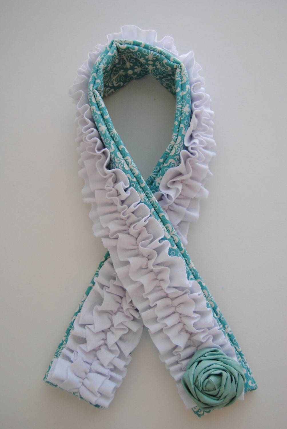 DSLR Ruffle Camera Strap Cover- Robins Egg Blue and White Damask with White Double Ruffle and Rosette Pin