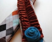 DSLR Camera Strap Cover- Retro Argyle Camera Strap with Rust Double Ruffle and Teal Rosette Pin- FREE Pocket Mirror
