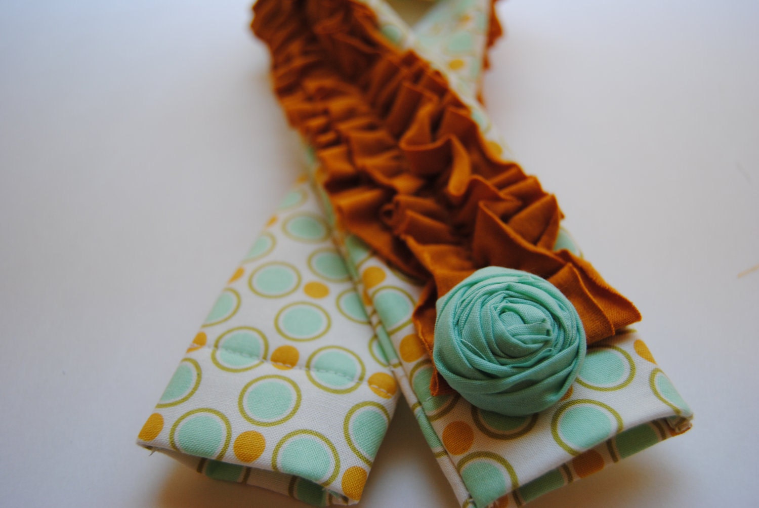 DSLR Ruffle Camera Strap Slip Cover-Mint and Mustard Retro Dot with Mustard Double Ruffle and Rosette Pin