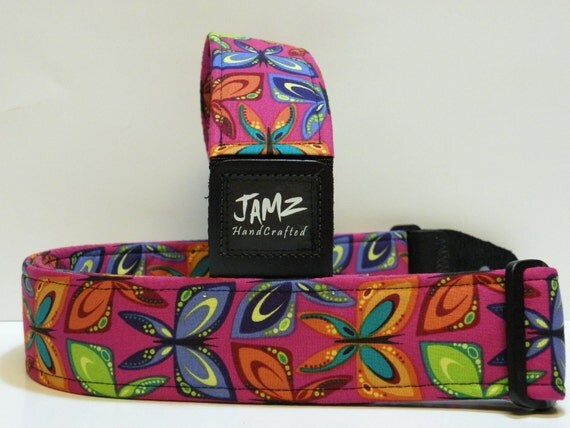 Handmade Guitar Strap - BUTTERFLIES - Violet - Blue - Orange - Turquoise - Green