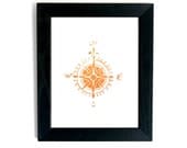 Compass print North South East West -  Linoleum Art Print orange