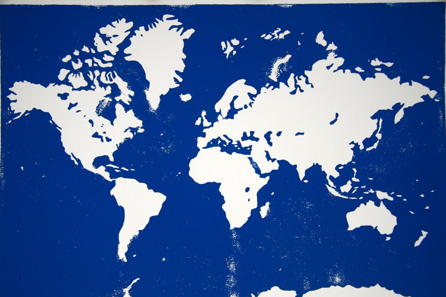 Travel children Kids wall art Large LINOCUT PRINT - The Office World MAP -  Linoleum Art Print dark navy blue
