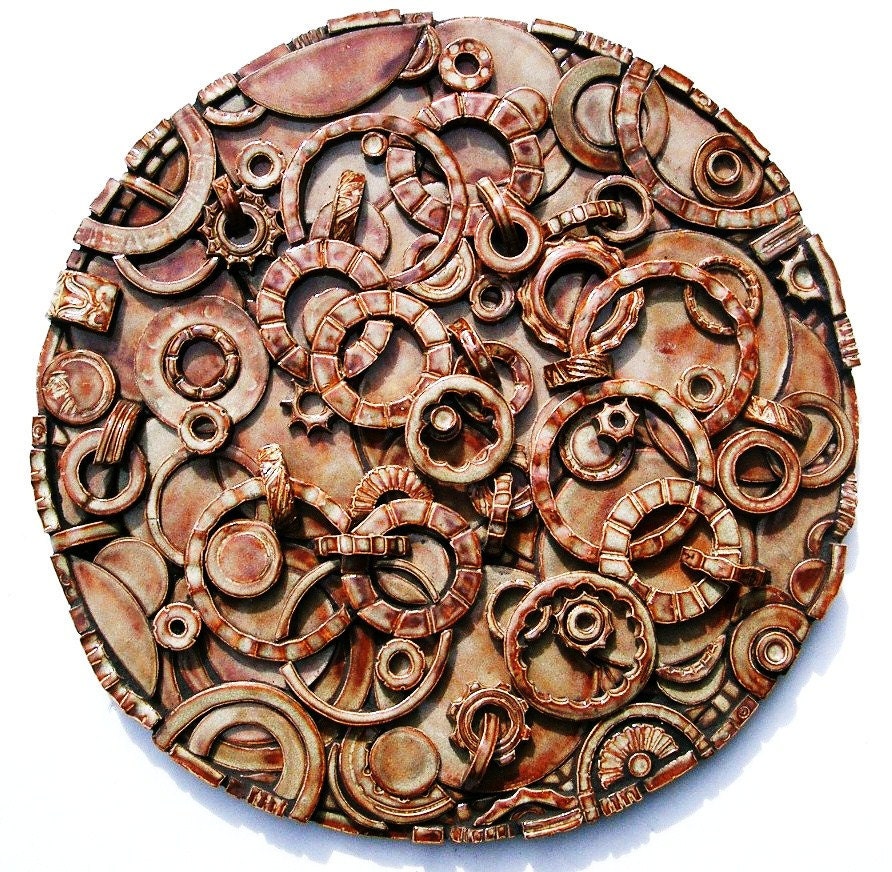Abstract Mosaic Wall Art Handmade Ceramic Tile  "All Geared Up"