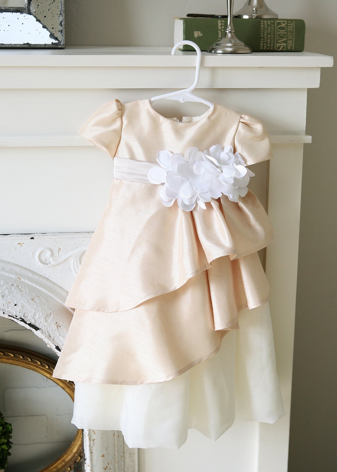 Baptism / Blessing Silk pleated layered dress with flower cluster sash Comes in WHITE or ivory