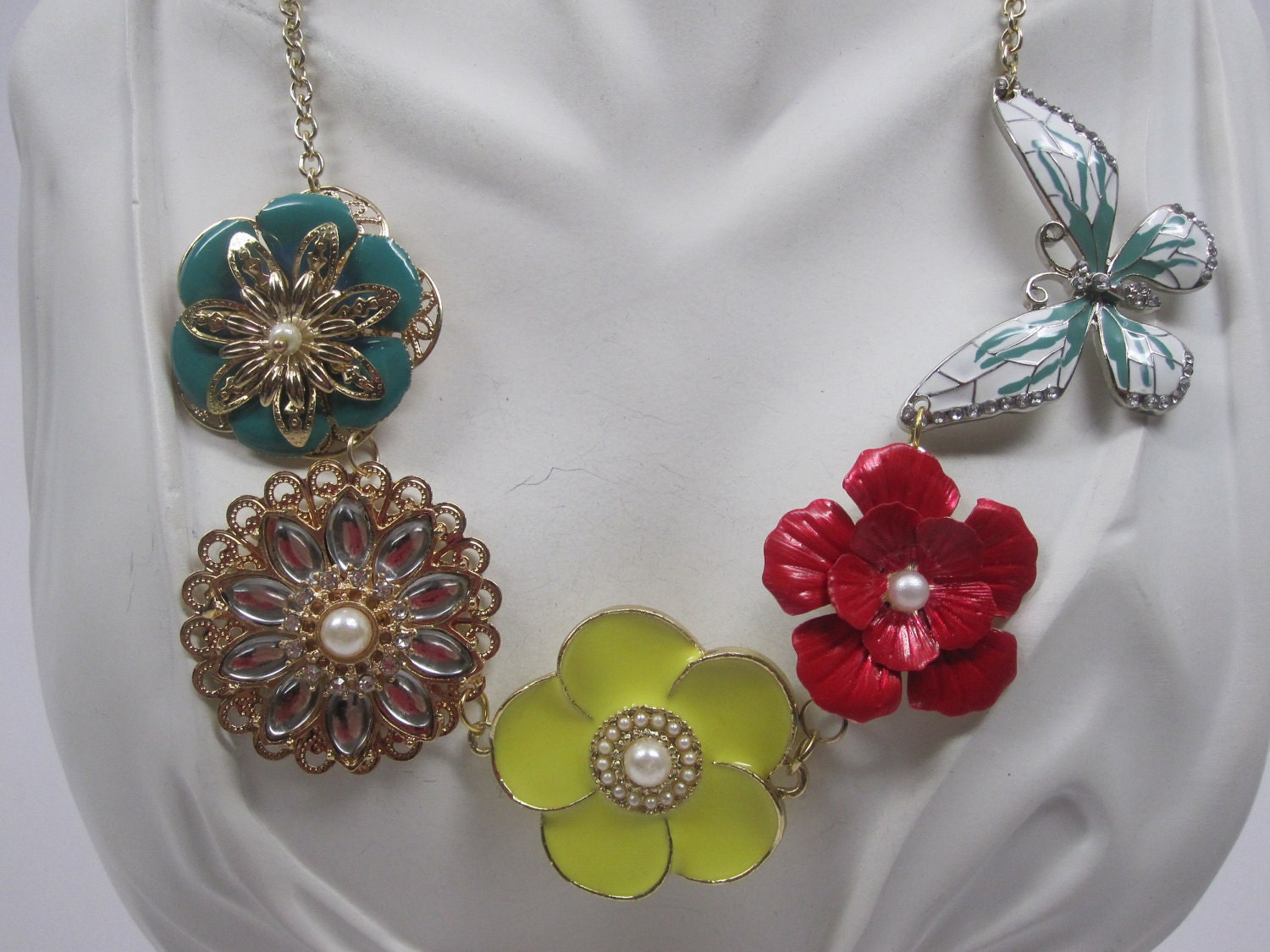 Enamel Flower Statement Necklace /Multicolor Enamel Flower Necklace / Bib Flower Necklace