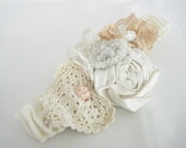 Victorian Silk Wedding Garter Set,  Natural Silk Ivory, Vintage laces, Crystal