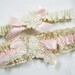 Victorian Lace Wedding Garter Set, Ivory Tea Stained Vintage Cluny Lace, Pink Satin and Venise Lace