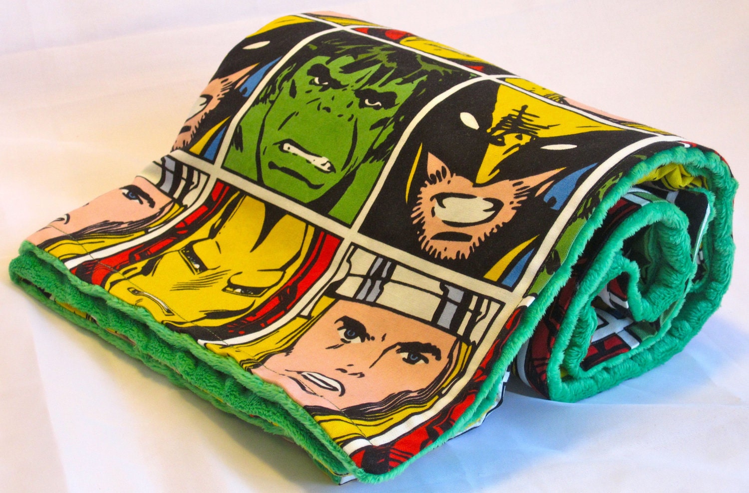 Big Kid Blanket Marvel Retro Comics Superheroes Squares Green Dot Minky