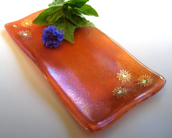 Glass dish with painted sunflowers, iridescent sunset coral orange, fused glass art, FREE SHIPPING (U.S. only) - StaceyAlysa