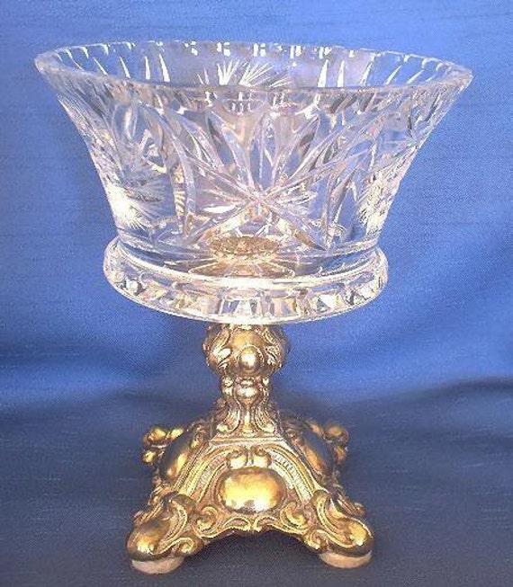 Pinwheel Crystal Compote Bowl On Brass by janescollectables