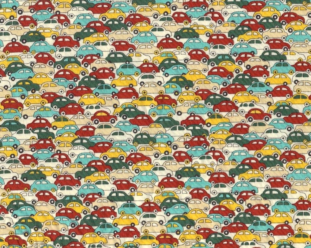 Cars mustard yellow, aqua and green Liberty of London Fat Eighth, auto car Liberty print