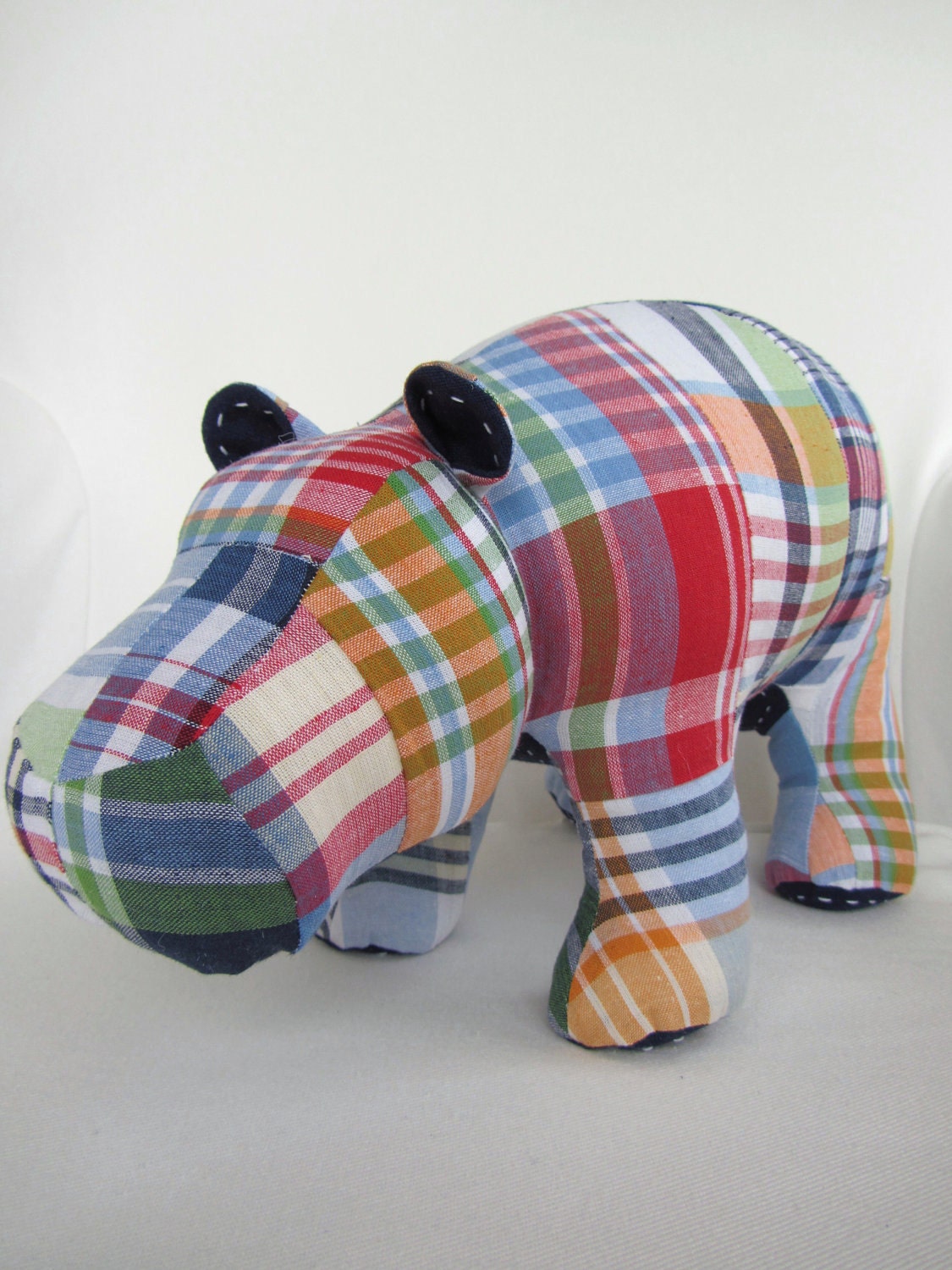 MADE TO ORDER - Harris - Madras Plush Hippo using fabric from Pottery Barn Kids Navy Madras Bedding Collection