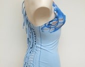 Blue fringe top - eco tribal festival summer party shirt - sexy woven braided open back - bohemian boho elf hippie punk - XS S - US 4 6