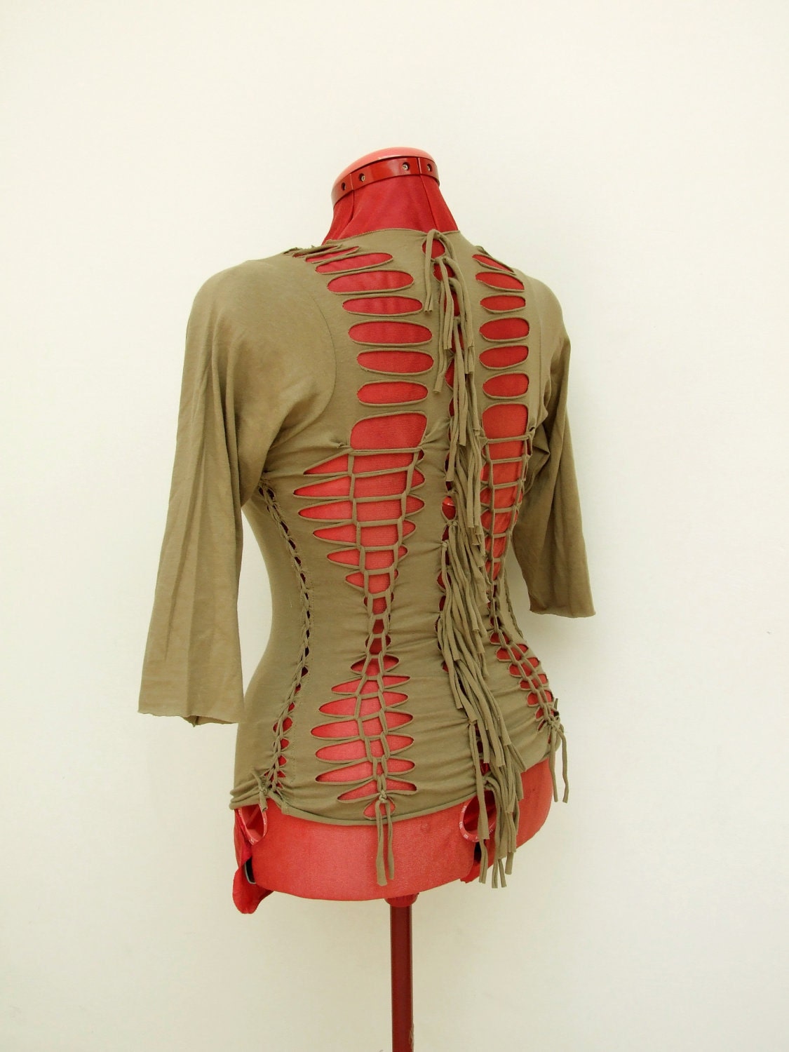 Tribal fringe top - green beige eco 3/4 sleeves shirt - woven braided sexy open back - boho hippie festival natural native - S M - US 6 8