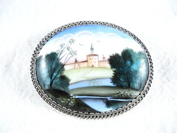Russian Finift Brooch Vintage Painted Porcelain Landscape Pin
