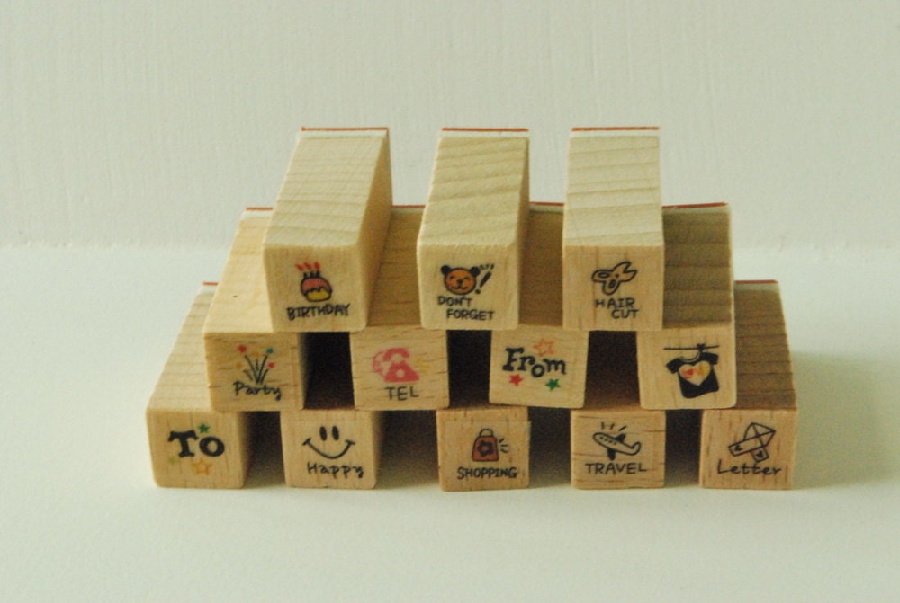 Wooden Rubber Stamp Set - Mini Diary Stamp Set - Travel...-  12 Pcs