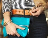 Leather Foldover Mini Clutch with Brass Zipper Closure in Turquoise Blue
